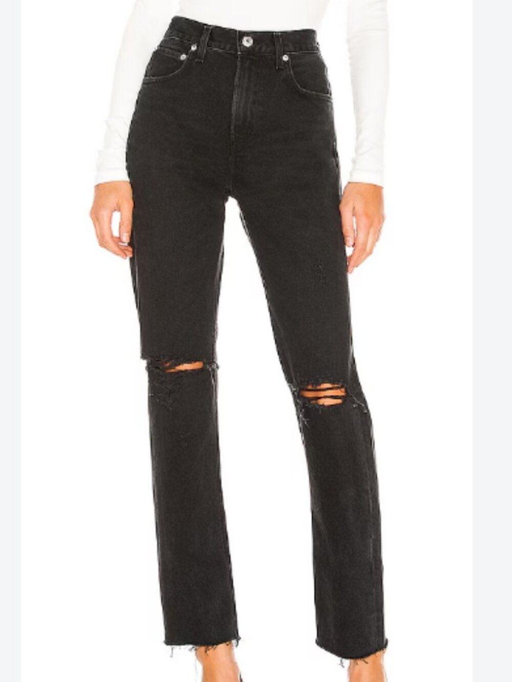 AGOLDE Cherie High Rise Distressed Straight Leg Jeans in Black Waist Size 23